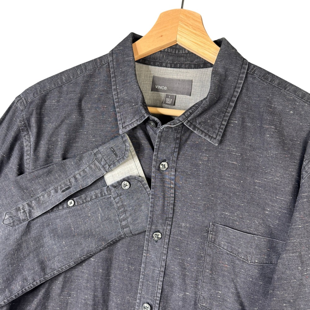 Vince Mens Large Gray Speckled Italian Fabric Long Sleeve Button Down Shirt
